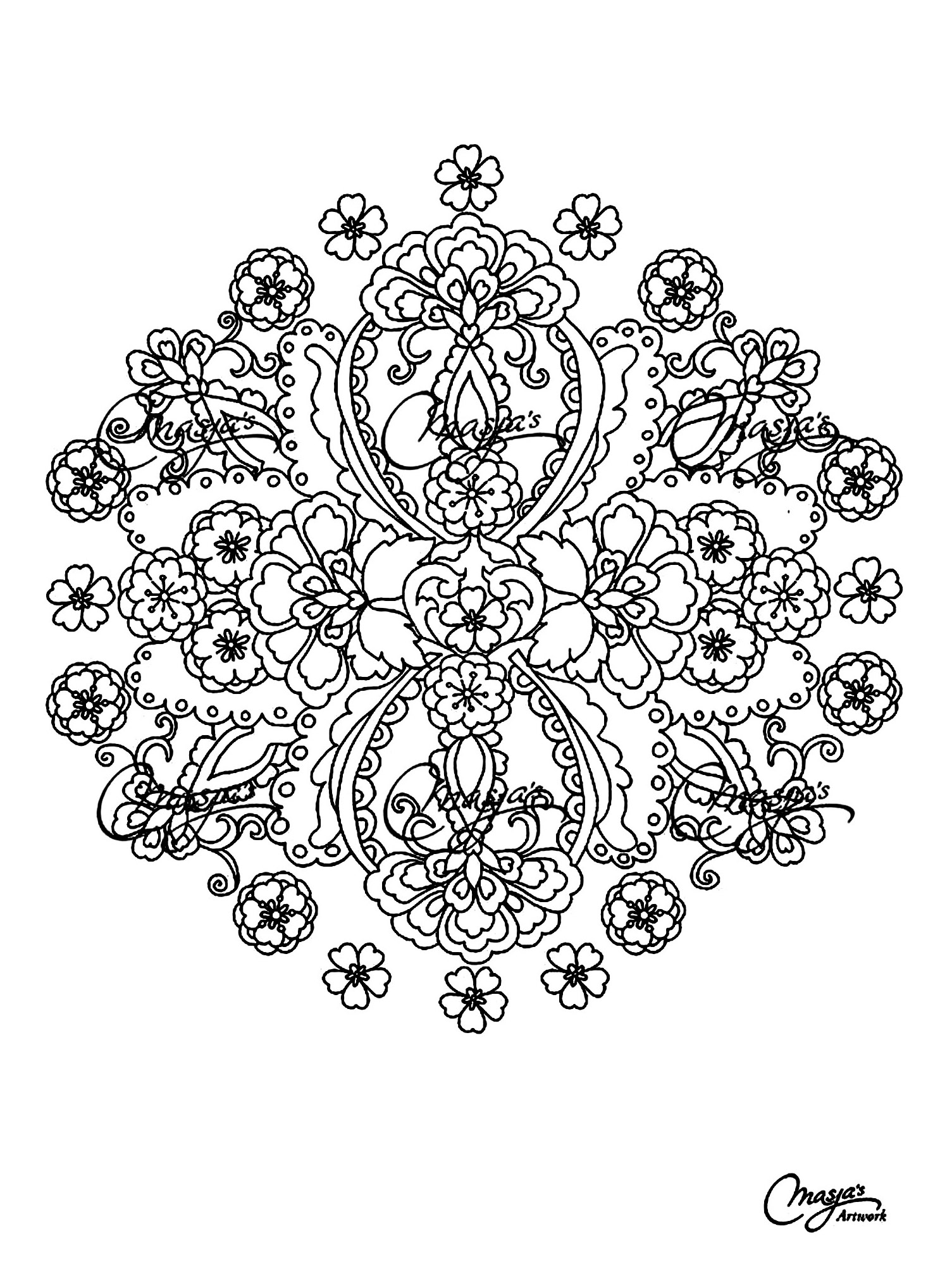 Mandala drawing entirely composed by Flowers. Coloring for adults is about taking some time during your day to slow down and decompress : Prepare your pens and pencils to color this incredible and exclusive Mandala coloring page, special for lovers Flowers !